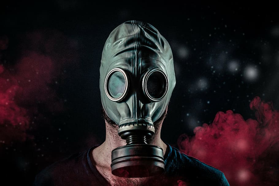 person, wearing, gray, gas mask, gas, mask, toxic, chemical, face, war