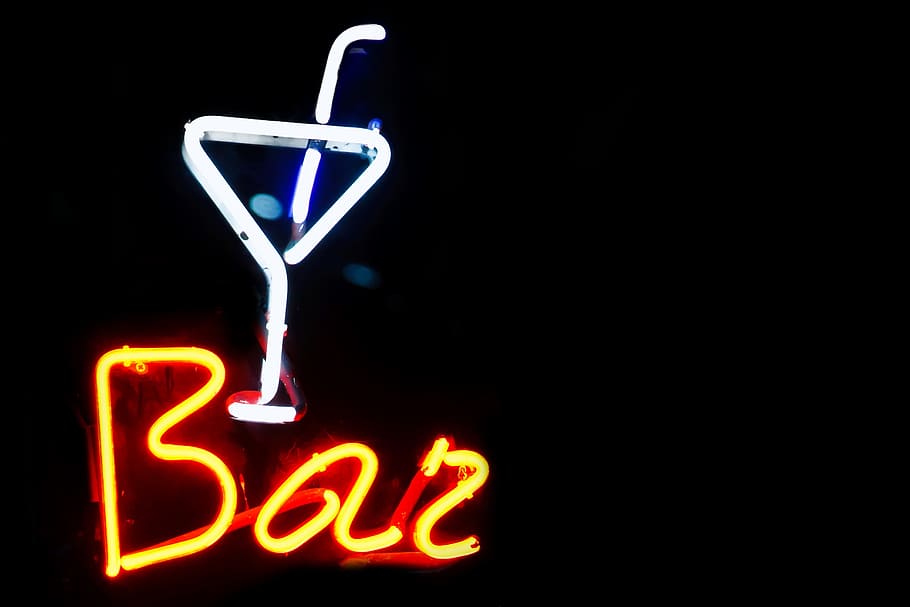 turned, bar neon light, turned on, Bar, alcohol, background, black, cocktail, color, dark