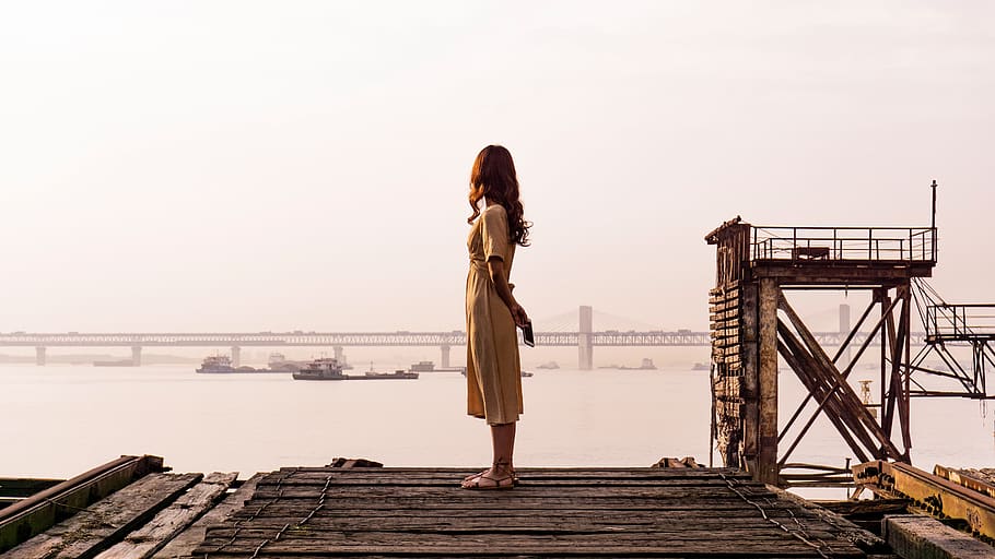 girl, wharf, lake, river, yellow, skirt, china, one person, standing, water