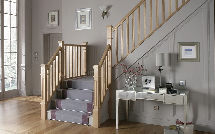 gray, wooden, console, table, staircase, stairs, entrance hall, oak stairs, jackson wood turners, newel post