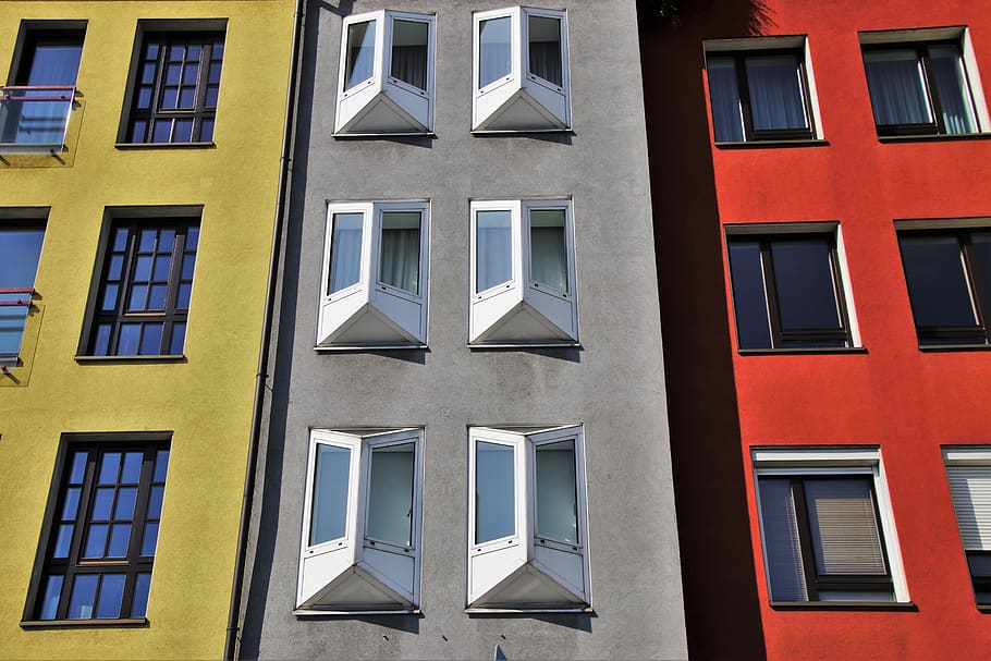 townhouse, dinding, penglihatan, warna-warni, jendela, fasad, tiga, pola, dilukis, ambang jendela
