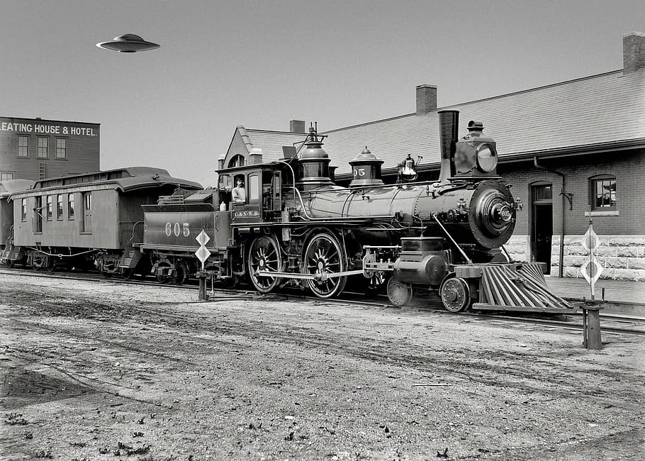 fotografia em escala de cinza, trem, locomotiva a vapor, anacronismo, antiguidade, locomotiva, velho, vintage, transporte, disco voador