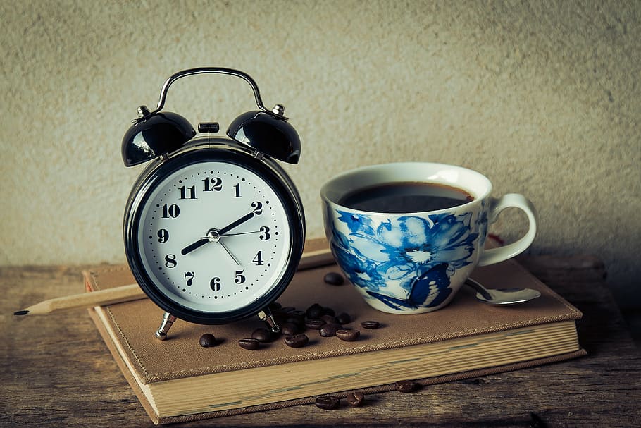 filled, white, blue, floral, ceramic, cup, alarm clock, vintage, alarm, clock