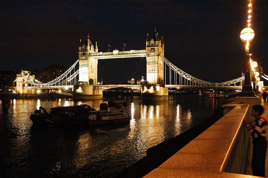 ロンドン, ウォーターフロント, タワー, タワーブリッジ, 夜間, 長時間露光, スペーサー, ブリッジ-人工構造物, 吊り橋, 建築物