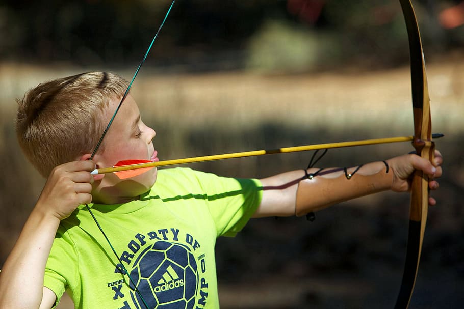 selective, focus photography, boy shooting arrow, bow, day, arrow, child, boy, bow and arrow, archery