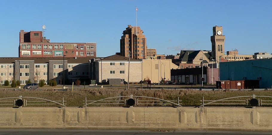 sioux city skyline, Sioux City, skyline, Iowa, buildings, public domain, street, town, wall, architecture And Buildings