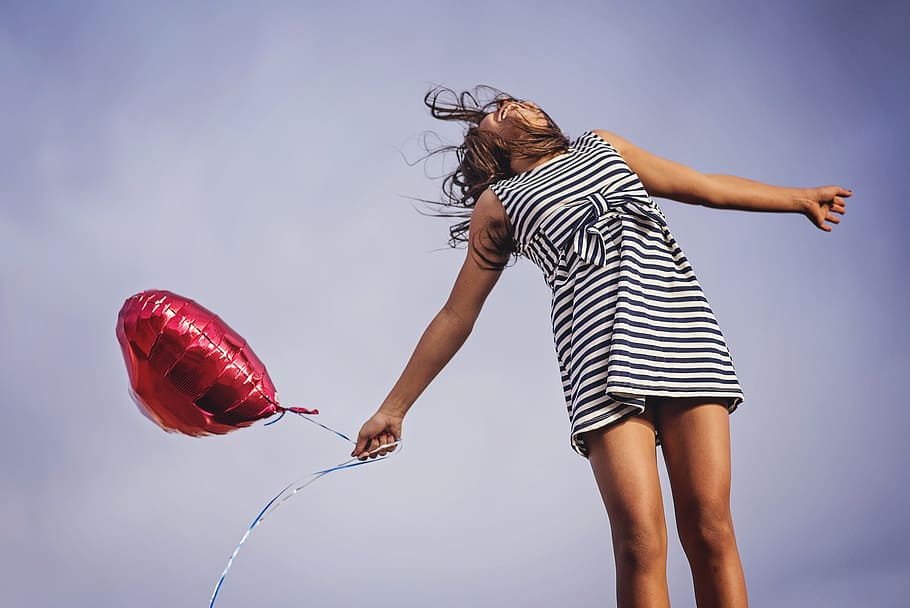 woman, holding, red, heart balloon, Freedom, Release, Happiness, joy, dom, happy