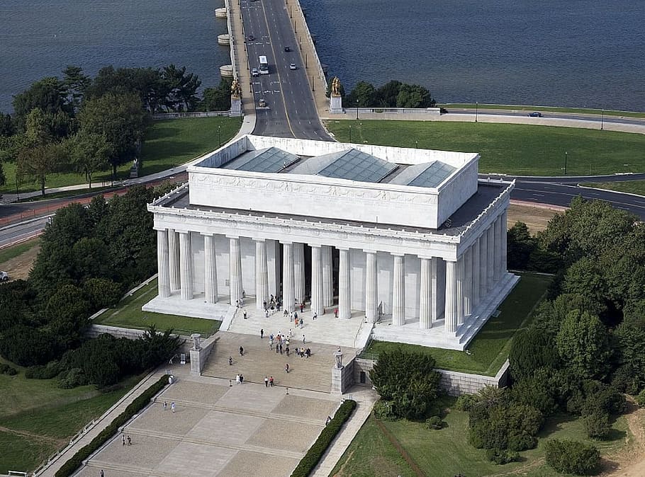white, concrete, building, road, daytime, Lincoln Memorial, Memorial, Building, Aerial, Mall, national