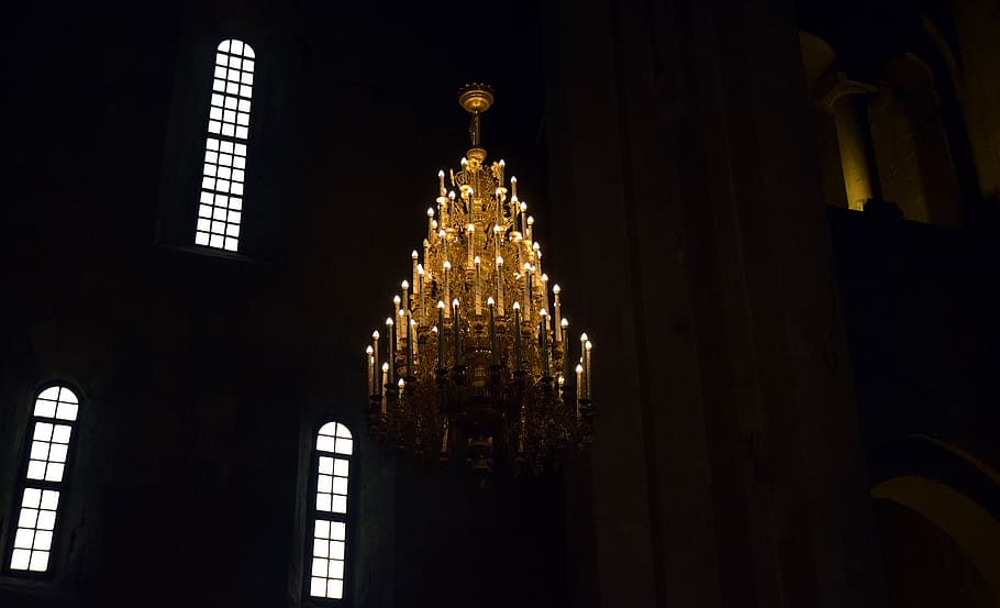 church, chandelier, old, lights, windows, architecture, indoors, candles, ornate, illumination