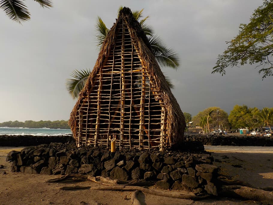 hawaii, hut, dwelling, thatched, hawaiian, historic, island, house, beach, sea