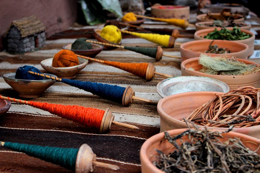 stick, pot, yarn, blue, yellow, orange, leaves, cloth, sewing, fibres
