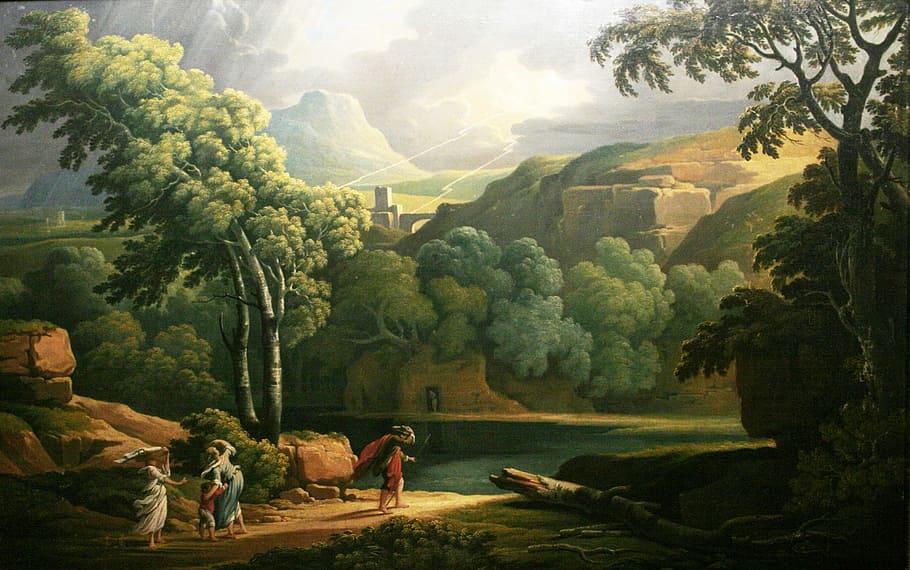 three, people, lake, surrounded, green, trees painting, trees, painting, george barret, art