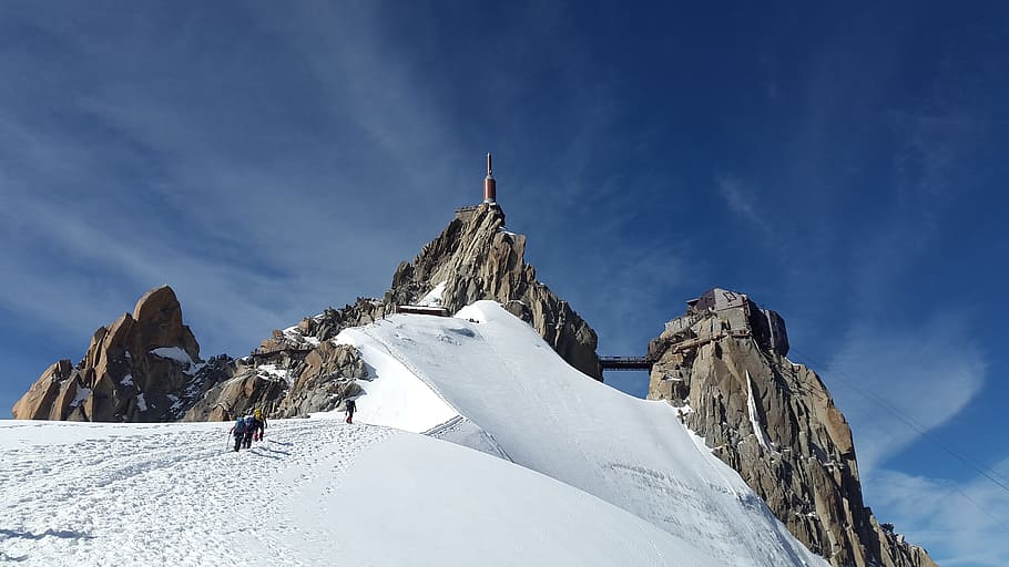 person, walking, snow, covered, field, daytime, aiguille du midi, chamonix, mountain station, mont blanc