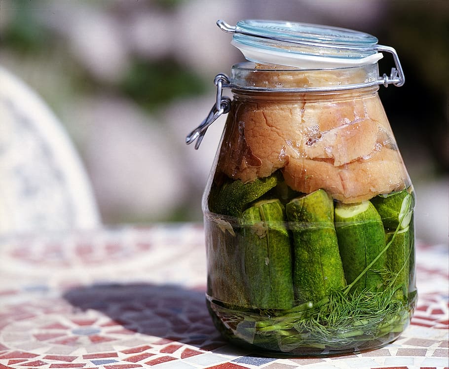 clear, glass jar, vegetables, fermented, cucumber, glass, food, fermentation, vegetable, pickle