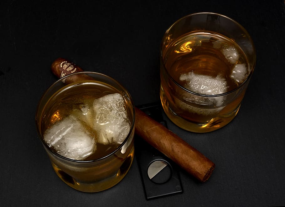 cigar, two, shot glasses, black, textile, whisky, drink, glass, alcohol, alcoholic