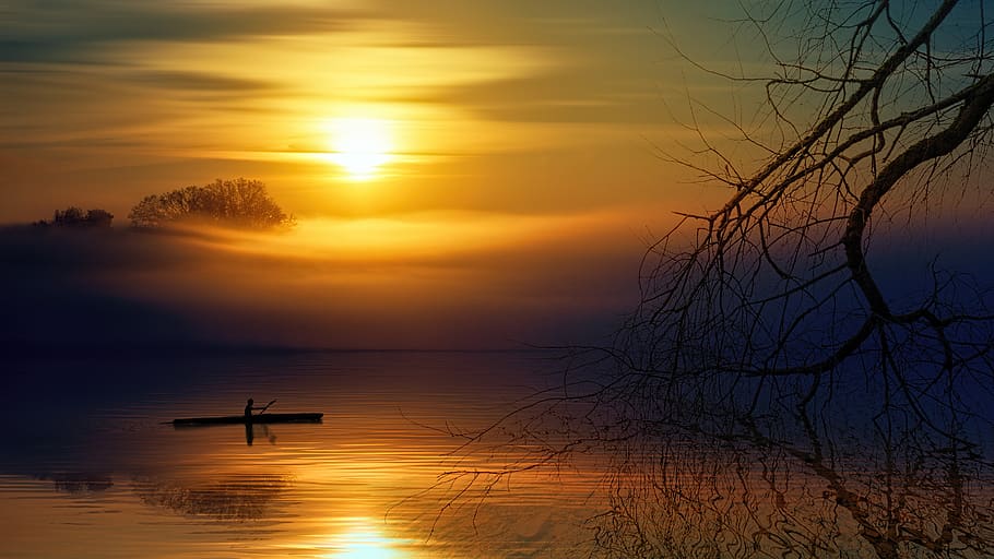Río, puesta del sol, niebla, barco, reflexión, espejo, naturaleza, paisaje, puesta de sol, cielo