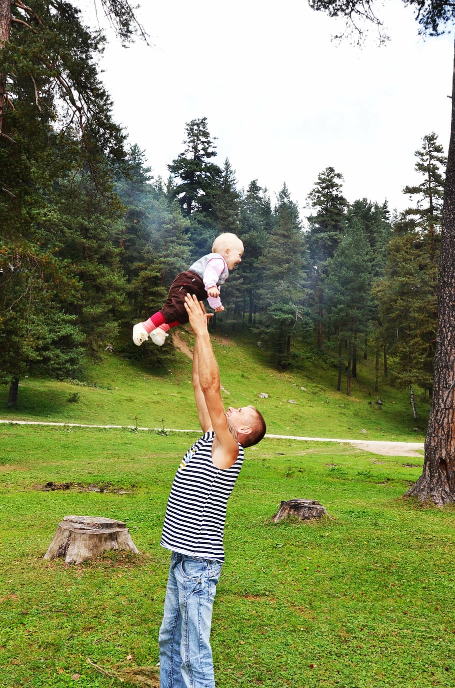 man, lifting, child, grass field, joy, dad, baby, babe, family, nature
