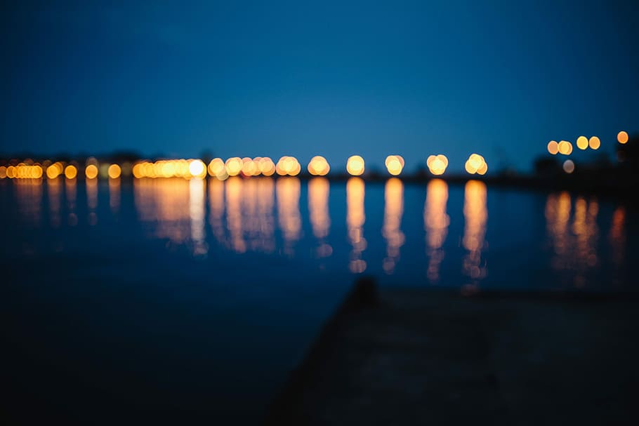 reflected, water, night, City lights, at night, coast, ocean, sea, city, reflection
