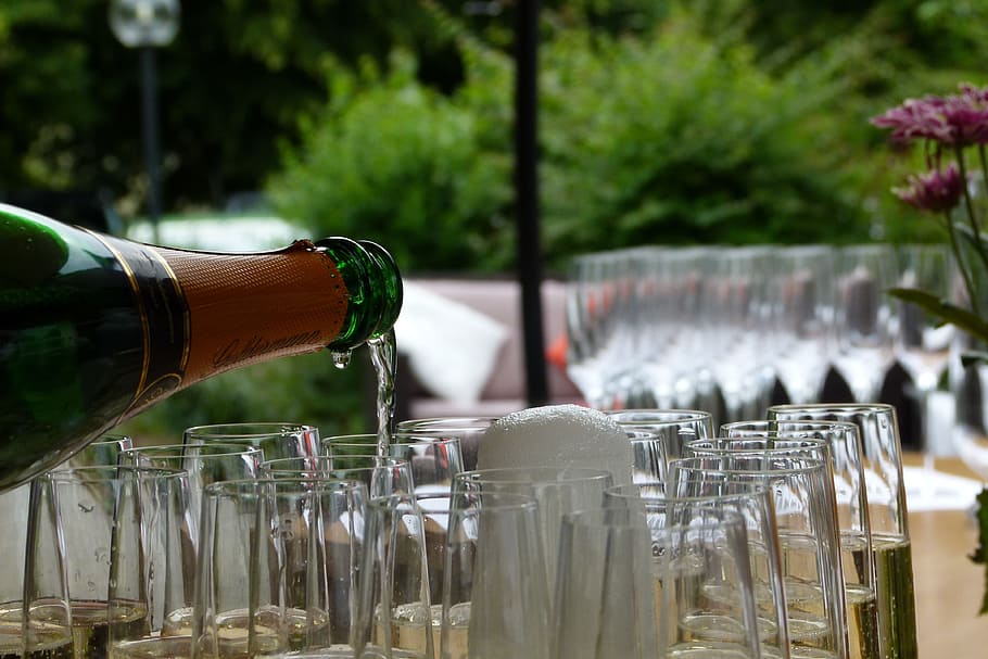 clear drinking glasses, champagne, semi sparkling wine, flute, pour, serve, mineral water, alcohol, celebration, reception