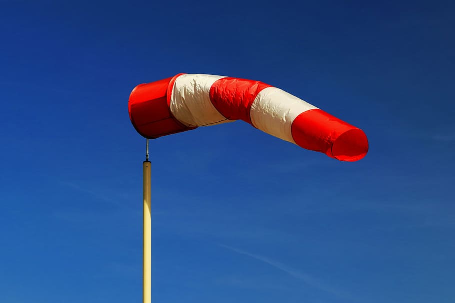 wind sock, airport, sky, wind, wind direction, aviation, fly, anemometer, blue, red