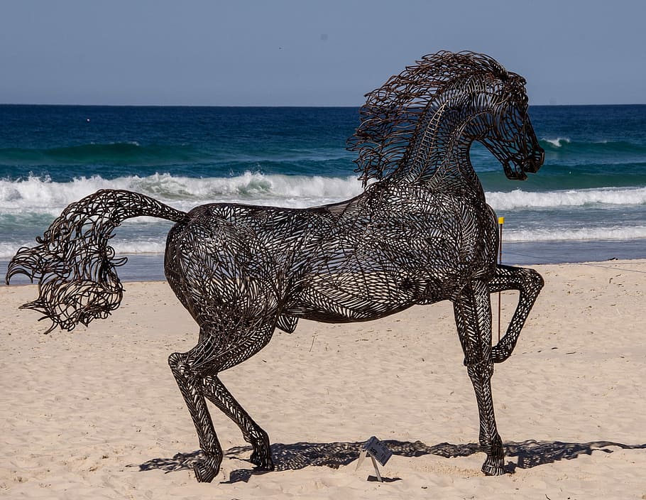 Horse, Sculpture, art, black, large, metal, contemporary, modern, beach, sand