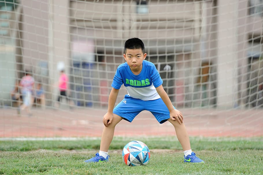 boy, guarding, soccer goal, football, teenager, greenery, sports, kids, train, ball