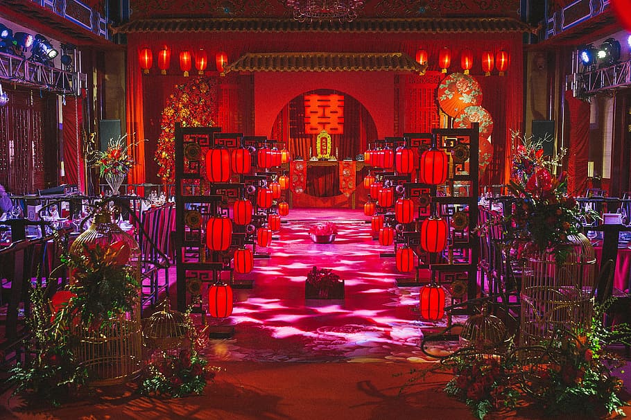 중국 결혼식, 결혼식, 중국식, 건축물, 빨간, 조명을받은, 조명기구, 종교, 건물, 아니 사람