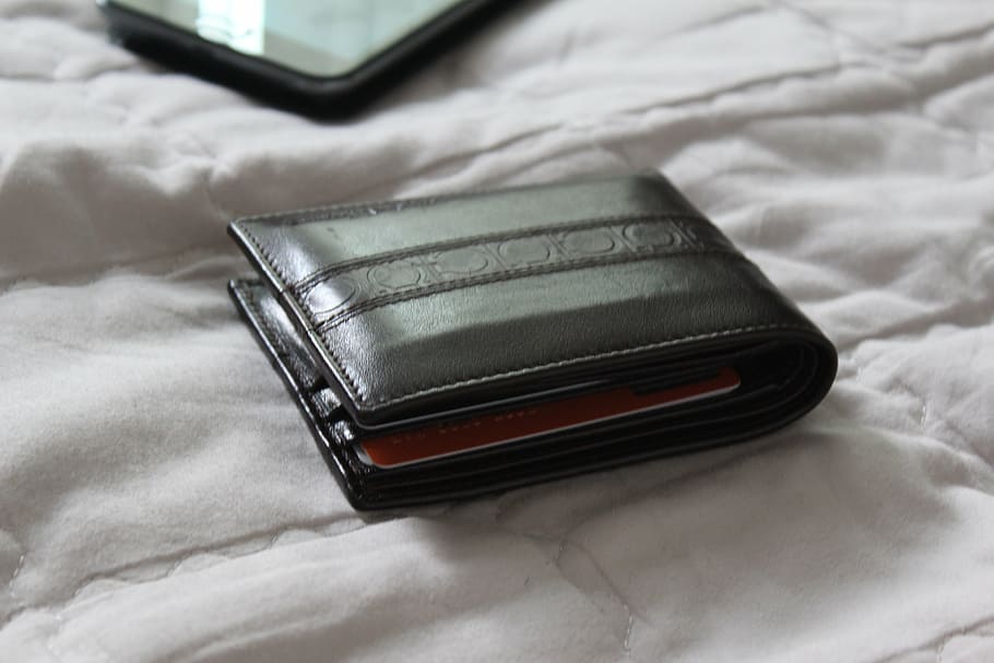 black, leather bi-fold wallet, bed, wallet, leather, gift, furniture, indoors, bedroom, textile