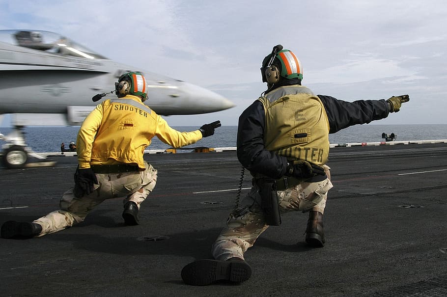 gray, fighter jet, take, sailors signal to launch, jet, aircraft carrier, military, plane, f-18, hornet
