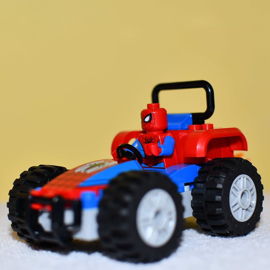pads, toy, car, spiderman, toy car, red, the vehicle, which superhero, machine toy, mode of transportation