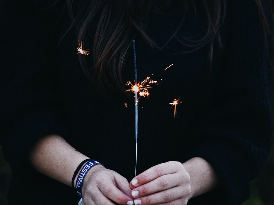 woman holding sparkler, dark, firecracker, hands, spark, sparkler, burning, night, one person, one man only