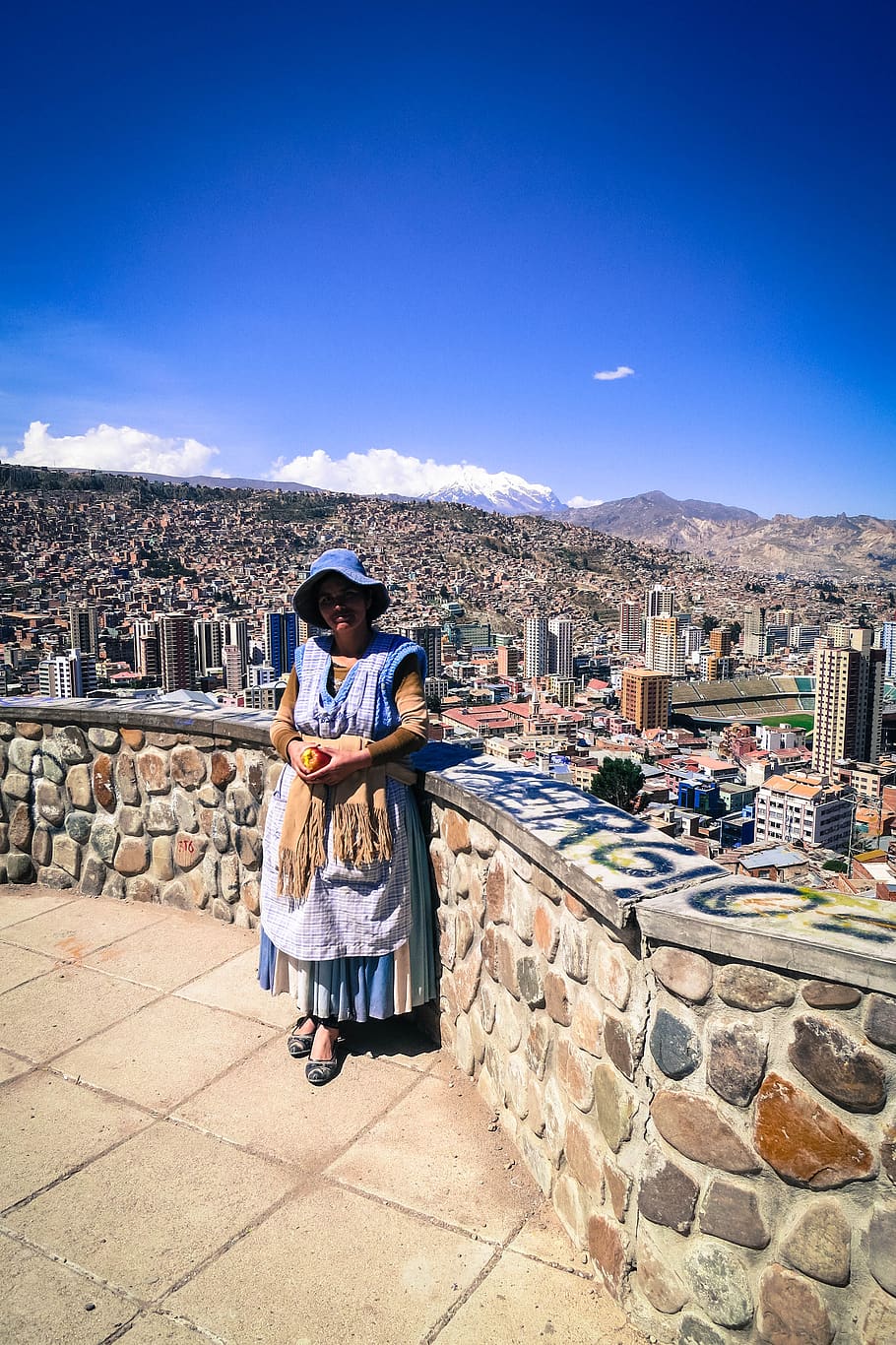 La Paz, Bolivia, woman, lady, view, buildings, city, mountains, architecture, full length