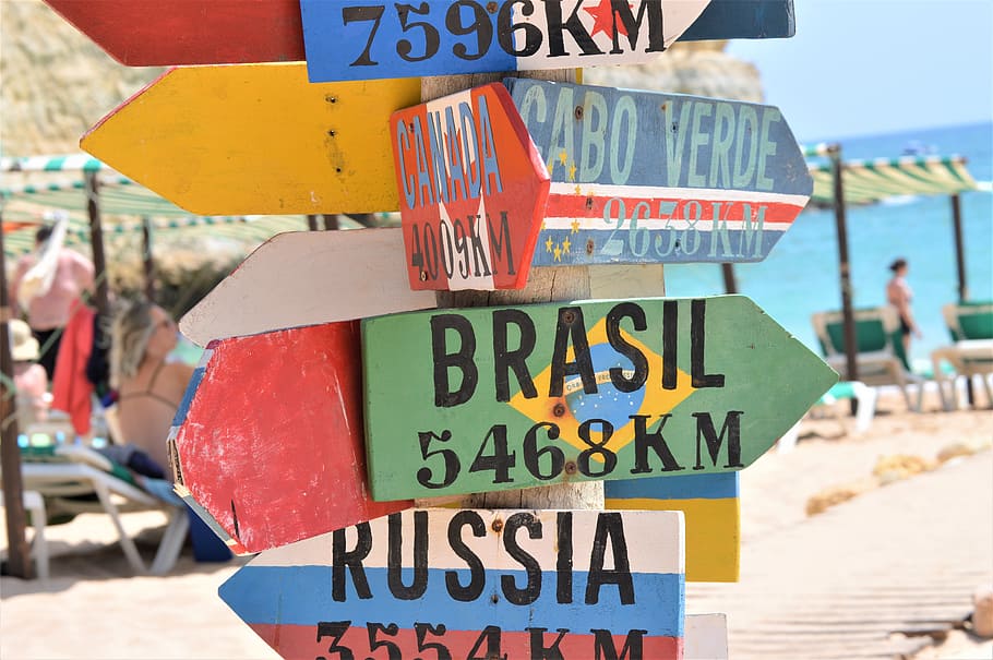 green, wooden, sign board, brasil text, sea, orientation, travel, navigation, ocean, marine