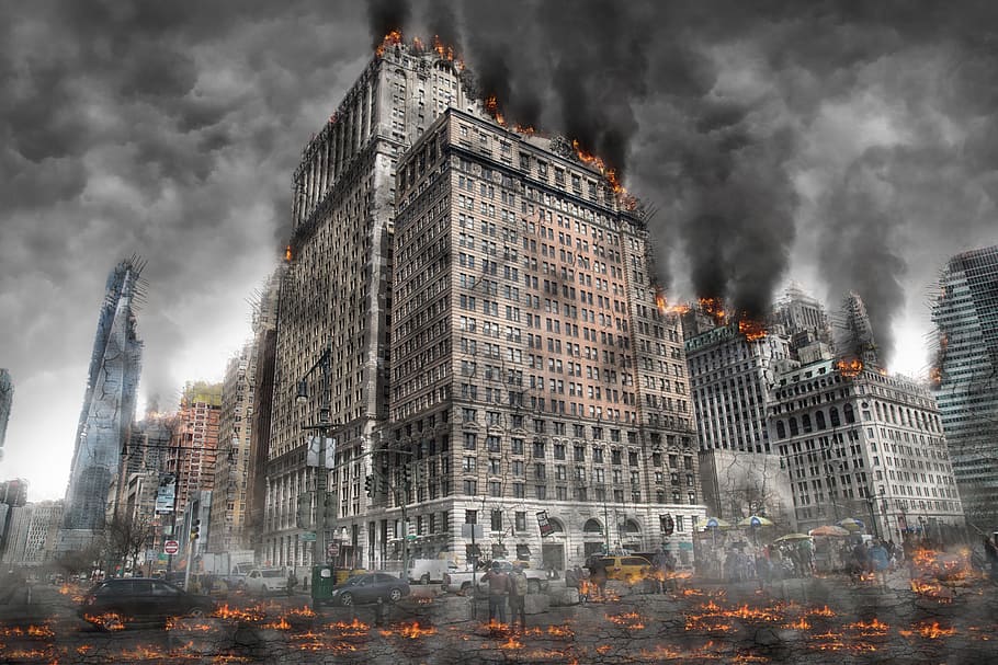 회색, 콘크리트, 건물, 불 삽화, 세계 대전, 아마겟돈, 파괴, 핵무기, 세상의 종말, 폭발