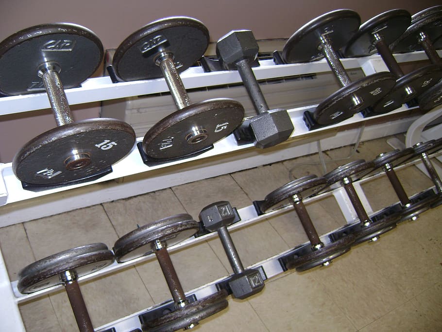 weights, dumb bells, gym, indoors, large group of objects, metal, still life, in a row, close-up, order