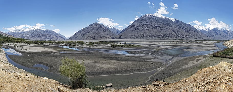 tajiquistão, província de mountain-badakhshan, pamir, montanhas altas, rio pandsch, vale pandsch, paisagem, montanhas, rio, água