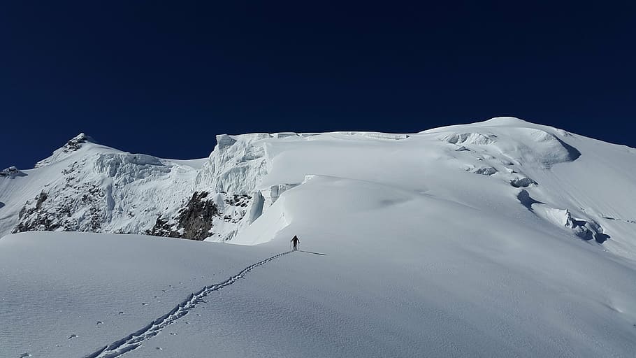 person, walking, snow, capped, mountain, ortler, backcountry skiiing, alpine, north wall, mountains