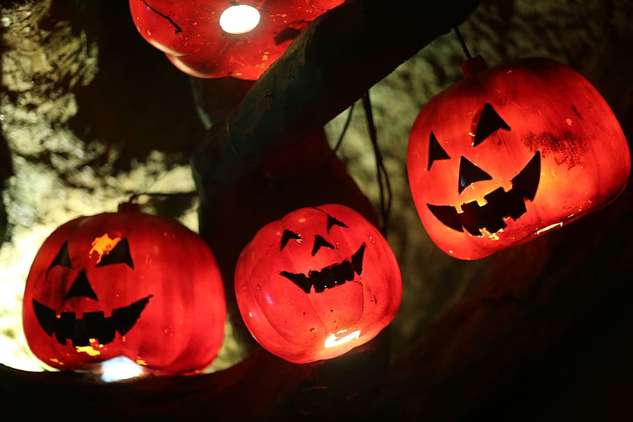 jack-o-lantern, halloween, red, dark, smiley face, pumpkin, celebration, illuminated, decoration, lantern