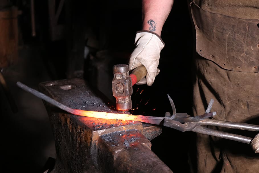 blacksmith, forge, hammer, heat - temperature, fire, burning, flame, working, human hand, workshop