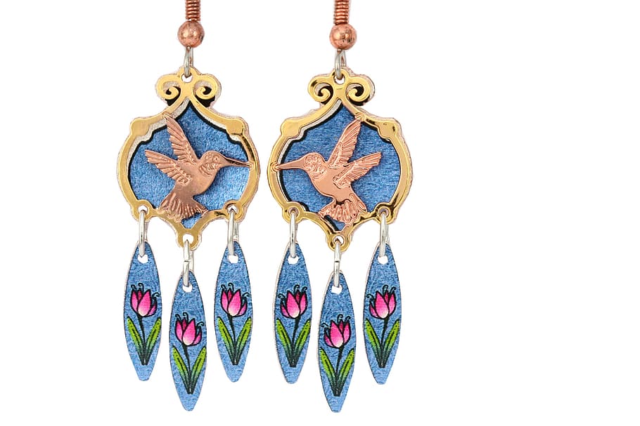 pair, gold-colored, blue, bird, embossed, chandelier earrings, hummingbird, jewelry, earrings, fashion