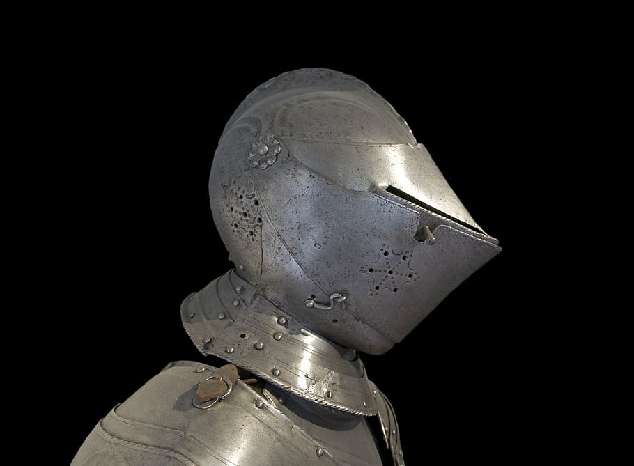 gray, metal knight armor, armor, metal, helmet, armored, medieval, display, paris, france