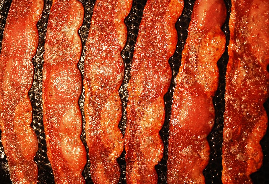 grilled bacon strips, bacon, pork, turkey, breakfast, meat, food, meal, fat, cooked