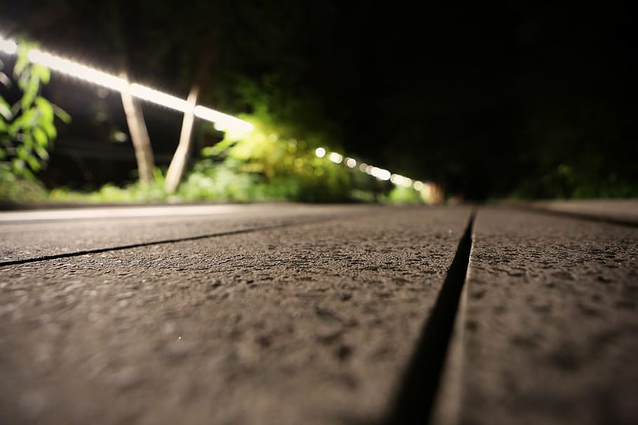 closeup, gray, concrete, road, marco, shot, wooden, floor, night, time