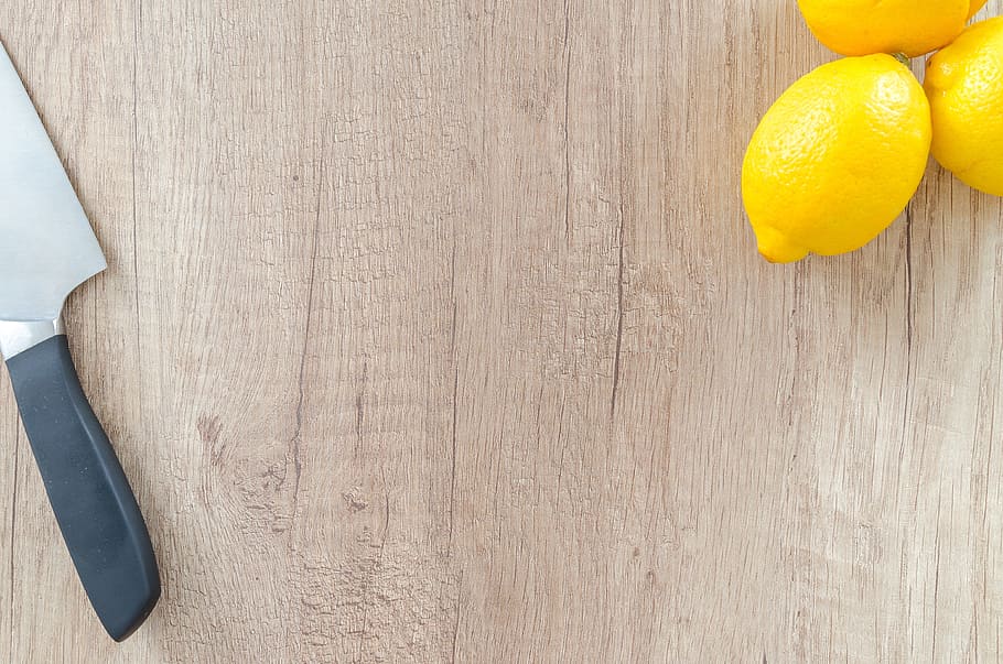 three, lemons, knife, food, wood, table, wooden, background, meal, cooking