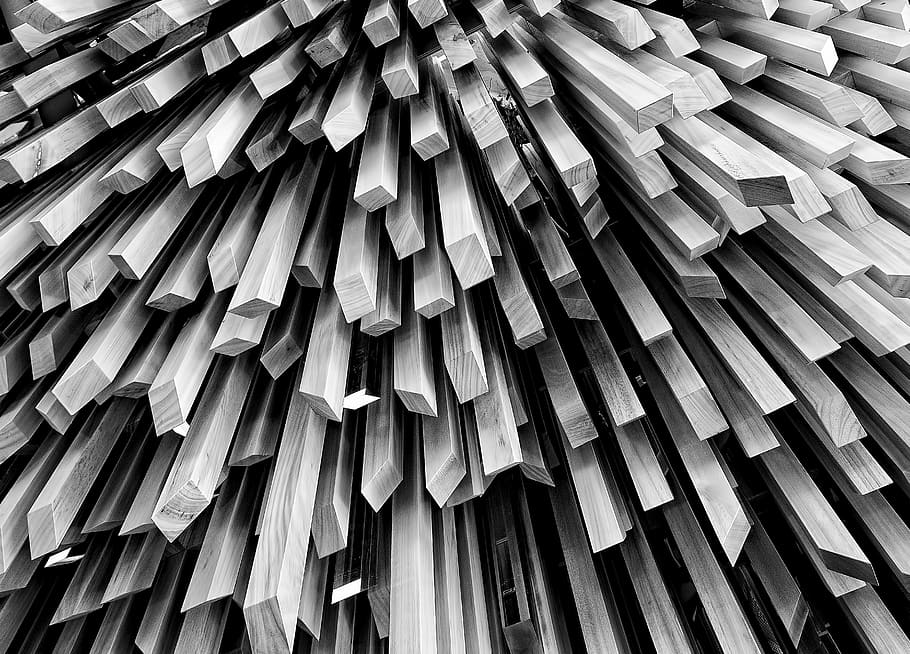 grayscale photo, wood planks, logs, lumber, black, white, black and white, full frame, backgrounds, stack