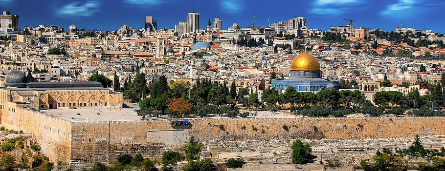 낮 동안 도시, 예루살렘, 이스라엘, 구시 가지, 유대인 분기, 벽, 바위 사원, 바위의 돔, 거룩한 도시, 울부 짖는 벽