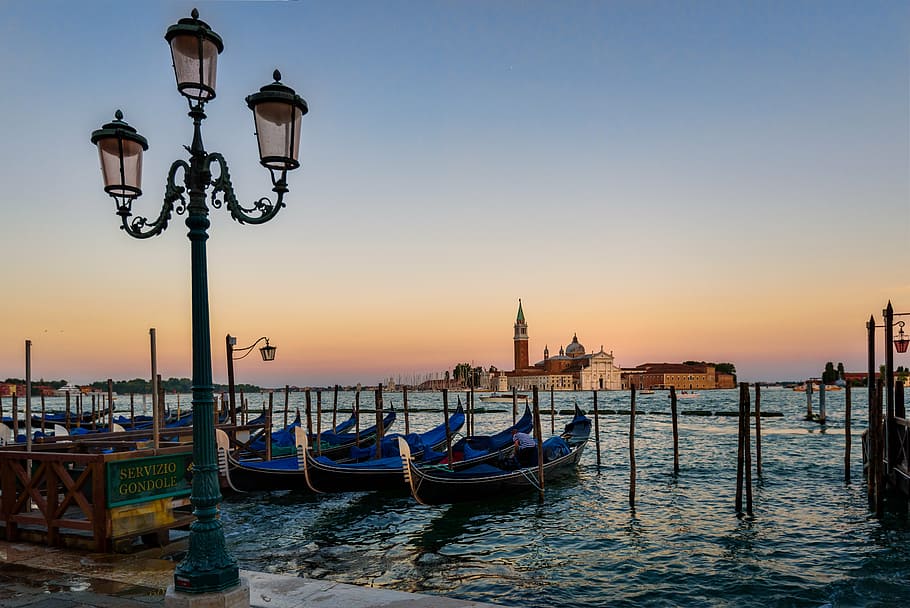 hitam, coklat, 3-cahaya, 3- lentera logam ringan, venice, gondola, matahari terbenam, italia, perahu, venesia
