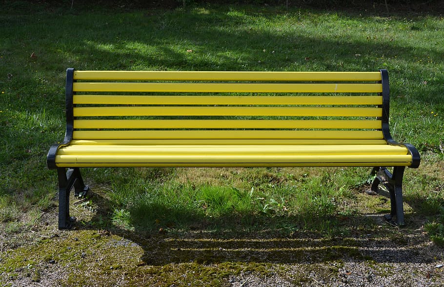 ベンチ, 公共のベンチ, 木と鉄, 黄色の色, 座っている, リラクゼーション, リラックス, 庭, 静けさ, 穏やか