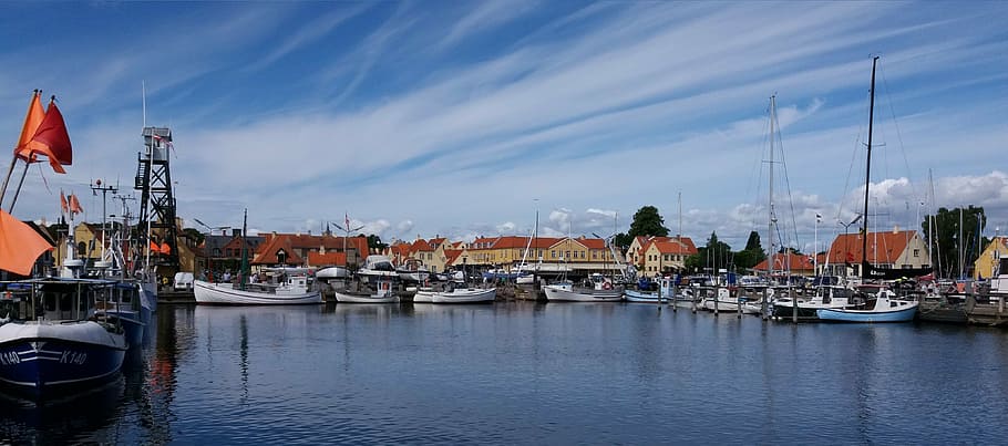 porta, agua, azul, nuvens, ambos, peixe, vela, Copenhague, pesca, Dinamarca