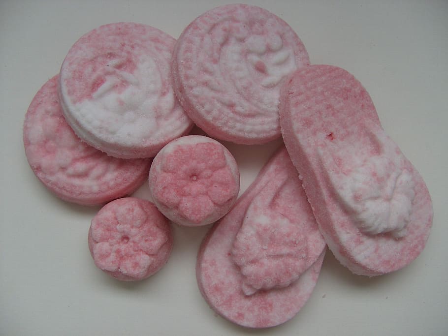 pink, round, flip-flop soaps, white, surface, Bath, Bombs, Products, Body, bath bombs